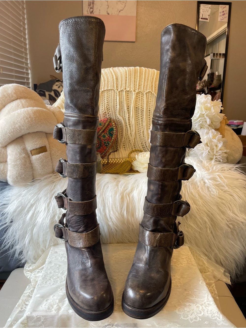 Nylo Distressed Black Premium Italian Leather Multi-Buckle Tall Pull-On Boots